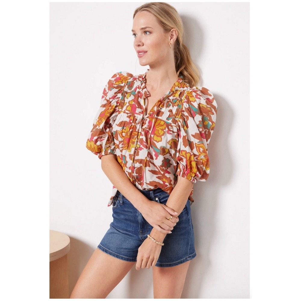 CLEOBELLA Evereve Women's L Zola Puff Sleeve Organic Cotton Floral Blouse Boho